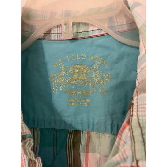 US Polo Assn Shirt Womens Medium Button Front Puff Sleeve Plaid Multicolor Blue - Picture 5 of 5